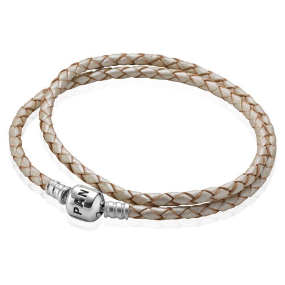 PANDORA (15.3") Double Champagne White Leather Bracelet Authentic Woven Silver